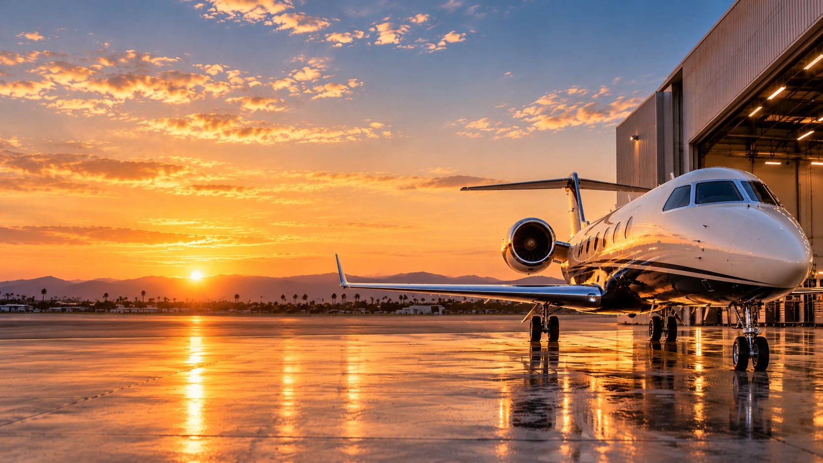 Freshly detailed private jet at golden hour outside a hangar