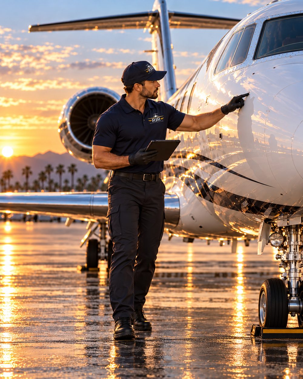 RJR Aircraft Detailing detailer doing a photo walkaround with a tablet before starting work